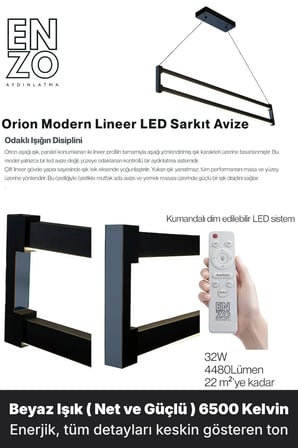 orion füme lineer led sarkıt avize – kumandalı dim edilebilir – aşağı işık - 6500k