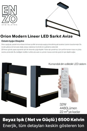 orion füme lineer led sarkıt avize – kumandalı dim edilebilir – aşağı işık - 6500k