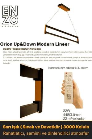 Orion Bronz Lineer LED Sarkıt Avize – Kumandalı Dim Edilebilir – Yukarı & Aşağı Işık - 3000K