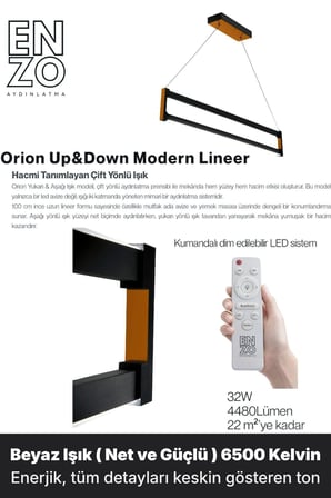 Orion Bronz Lineer LED Sarkıt Avize – Kumandalı Dim Edilebilir – Yukarı & Aşağı Işık - 6500K