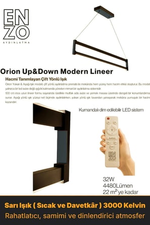 Orion Füme Lineer LED Sarkıt Avize – Kumandalı Dim Edilebilir – Yukarı & Aşağı Işık - 3000K