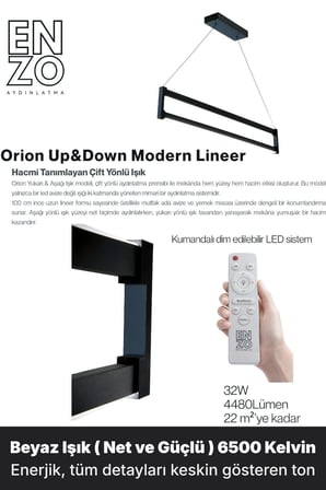 Orion Füme Lineer LED Sarkıt Avize – Kumandalı Dim Edilebilir – Yukarı & Aşağı Işık - 6500K