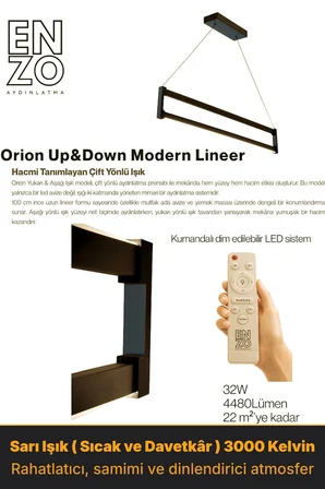 Orion Füme Lineer LED Sarkıt Avize – Kumandalı Dim Edilebilir – Yukarı & Aşağı Işık - 6500K