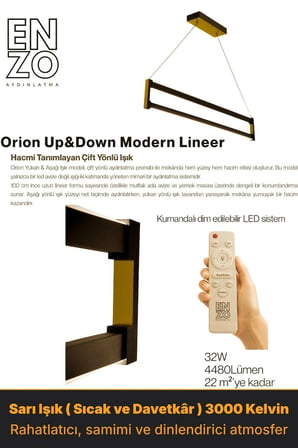 Orion Gold Lineer LED Sarkıt Avize – Kumandalı Dim Edilebilir – Yukarı & Aşağı Işık - 3000K