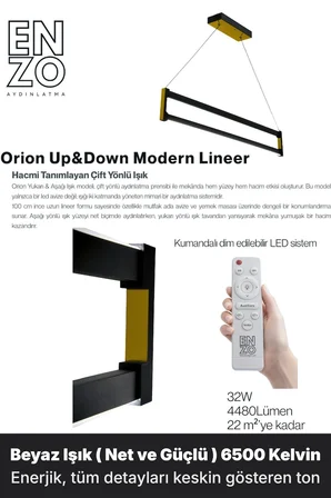 Orion Gold Lineer LED Sarkıt Avize – Kumandalı Dim Edilebilir – Yukarı & Aşağı Işık - 3000K