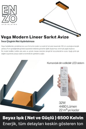 vega bronz lineer led sarkıt avize – kumandalı dim edilebilir – aşağı işık - 6500k