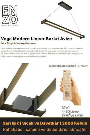 vega füme doğal işık lineer led sarkıt avize – kumandalı dim edilebilir – aşağı işık - 3000k