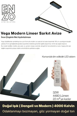 vega füme doğal işık lineer led sarkıt avize – kumandalı dim edilebilir – aşağı işık - 3000k