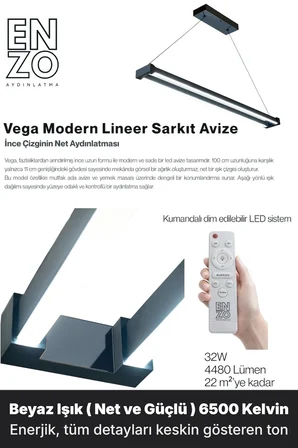 vega füme doğal işık lineer led sarkıt avize – kumandalı dim edilebilir – aşağı işık - 6500k