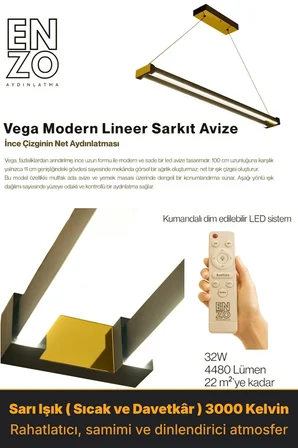 vega gold lineer led sarkıt avize – kumandalı dim edilebilir – aşağı işık - 3000k