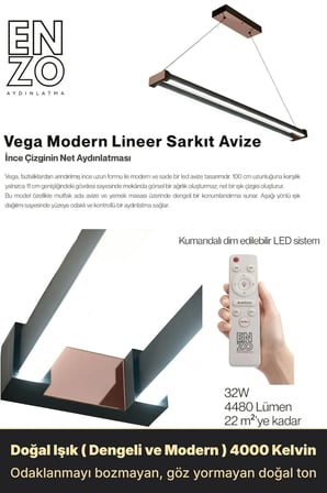 vega rose gold lineer led sarkıt avize – kumandalı dim edilebilir – aşağı işık - 4000k