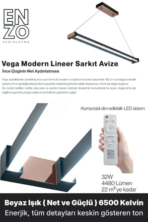 vega rose gold lineer led sarkıt avize – kumandalı dim edilebilir – aşağı işık - 6500k
