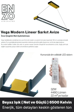 vega rose gold lineer led sarkıt avize – kumandalı dim edilebilir – aşağı işık - 6500k