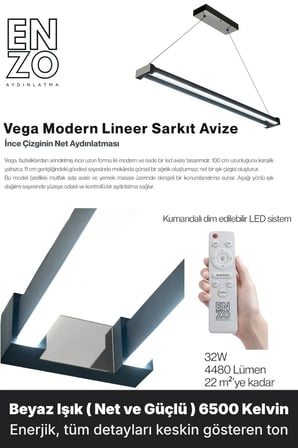 vega silver lineer led sarkıt avize – kumandalı dim edilebilir – aşağı işık - 6500k