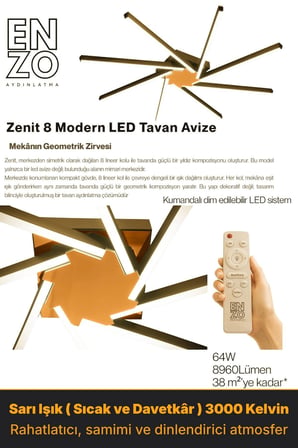 Zenit 8 Bronz LED Tavan Avize – Kumandalı Dim Edilebilir – Aşağı Işık - 3000K