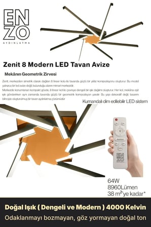Zenit 8 Bronz LED Tavan Avize – Kumandalı Dim Edilebilir – Aşağı Işık - 4000K