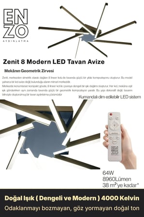 Zenit 8 Füme LED Tavan Avize – Kumandalı Dim Edilebilir – Aşağı Işık - 4000K