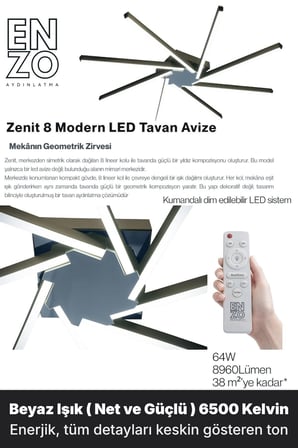 Zenit 8 Füme LED Tavan Avize – Kumandalı Dim Edilebilir – Aşağı Işık - 6500K