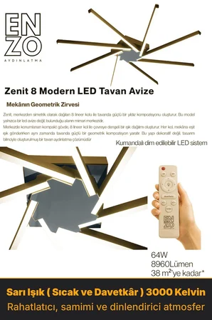 Zenit 8 Füme LED Tavan Avize – Kumandalı Dim Edilebilir – Aşağı Işık - 6500K