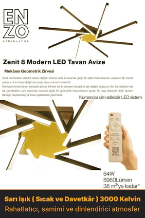 Zenit 8 Gold LED Tavan Avize – Kumandalı Dim Edilebilir – Aşağı Işık - 3000K