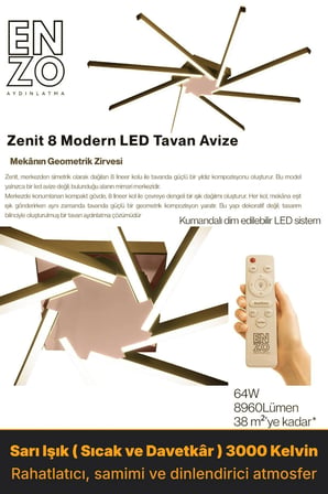 Zenit 8 Rose Gold LED Tavan Avize – Kumandalı Dim Edilebilir – Aşağı Işık - 3000K