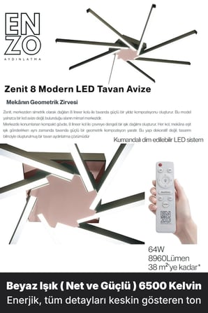 Zenit 8 Rose Gold LED Tavan Avize – Kumandalı Dim Edilebilir – Aşağı Işık - 6500K