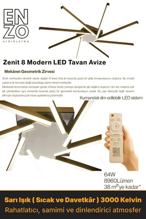 Zenit 8 Silver LED Tavan Avize – Kumandalı Dim Edilebilir – Aşağı Işık - 3000K