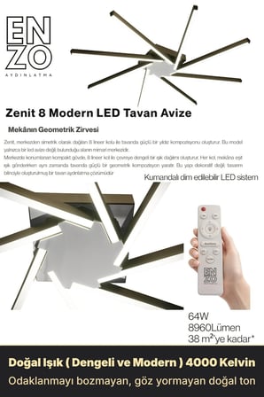 Zenit 8 Silver LED Tavan Avize – Kumandalı Dim Edilebilir – Aşağı Işık - 4000K