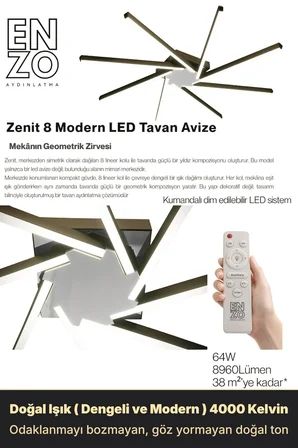Zenit 8 Silver LED Tavan Avize – Kumandalı Dim Edilebilir – Aşağı Işık - 4000K