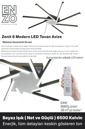 Zenit 8 Silver LED Tavan Avize – Kumandalı Dim Edilebilir – Aşağı Işık - 6500K