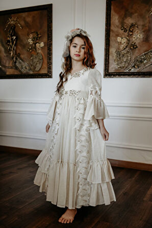 Özel Tasarım Uzun Kız Çocuk Abiye Elbise, Taç Aksesuarlı, Doğum Günü Elbisesi_M2050