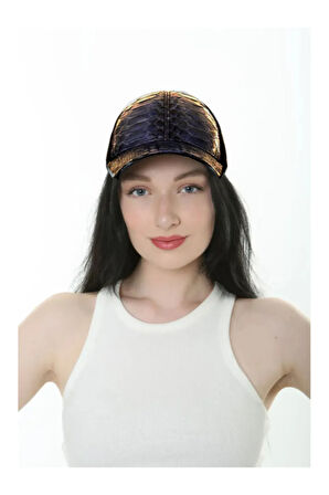 Lacivert Piton ve Süet Deri Kombinasyonlu Unisex Beyzbol Şapka