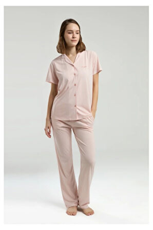 9012 Kısa Kol Düğmli Kadın Pijama Takımı