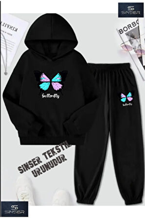 Kapşonlu Çocuk UNISEX KELEBEK Baskılı Eşofman Takımı