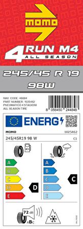 Momo 245/45 R19 98W M4 Four Season Oto Dört Mevsim Lastiği ( Üretim Yılı: 2023 )
