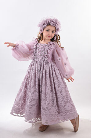 Özel Tasarım, 3 Boyutlu Çiçek Detaylı, Uzun Kollu, Saç Aksesuarlı Kız Çocuk Elbisesi_M2338