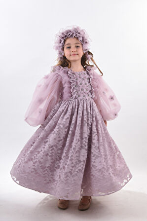 Özel Tasarım, 3 Boyutlu Çiçek Detaylı, Uzun Kollu, Saç Aksesuarlı Kız Çocuk Elbisesi_M2338