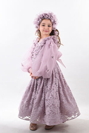 Özel Tasarım, 3 Boyutlu Çiçek Detaylı, Uzun Kollu, Saç Aksesuarlı Kız Çocuk Elbisesi_M2338