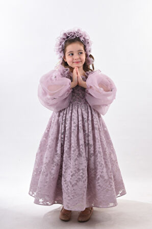 Özel Tasarım, 3 Boyutlu Çiçek Detaylı, Uzun Kollu, Saç Aksesuarlı Kız Çocuk Elbisesi_M2338