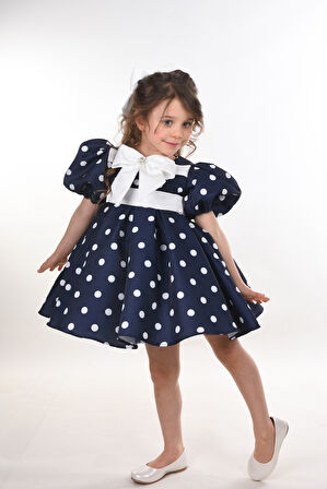 Özel Tasarım Kız Çocuk Elbisesi, Doğum Günü Elbisesi, Mezuniyet Elbisesi, Puantiyeli, Fiyonk Detaylı, Balon Kollu_M2439