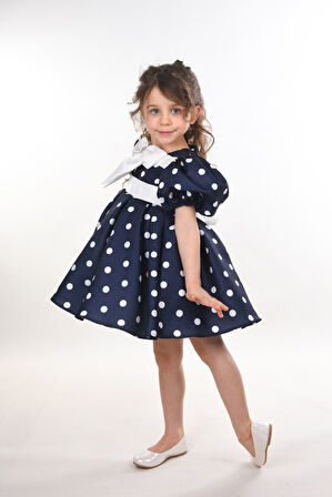 Özel Tasarım Kız Çocuk Elbisesi, Doğum Günü Elbisesi, Mezuniyet Elbisesi, Puantiyeli, Fiyonk Detaylı, Balon Kollu_M2439