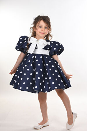 Özel Tasarım Kız Çocuk Elbisesi, Doğum Günü Elbisesi, Mezuniyet Elbisesi, Puantiyeli, Fiyonk Detaylı, Balon Kollu_M2439