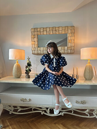 Özel Tasarım, Puantiyeli, Balon Kollu, Düğme Detaylı, Saç Aksesuarlı Kız Çocuk Elbise_M2451