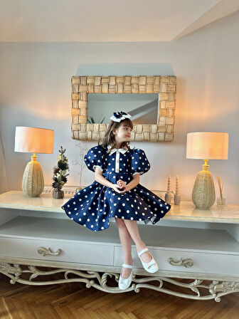 Özel Tasarım, Puantiyeli, Balon Kollu, Düğme Detaylı, Saç Aksesuarlı Kız Çocuk Elbise_M2451