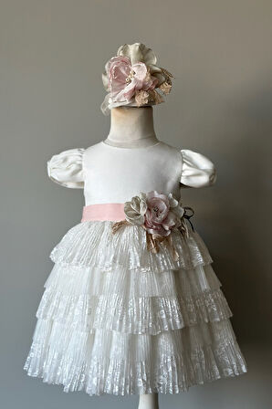 Özel Tasarım Kız Çocuk Abiye Elbise, Kat Kat Etekli, Çiçek Detaylı, Dantel Detaylı, Saç Aksesuarlı_M2459