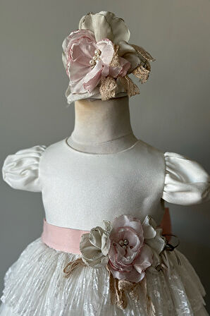 Özel Tasarım Kız Çocuk Abiye Elbise, Kat Kat Etekli, Çiçek Detaylı, Dantel Detaylı, Saç Aksesuarlı_M2459