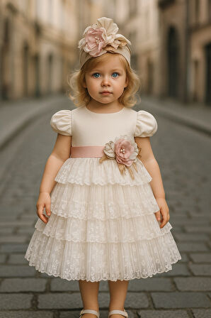 Özel Tasarım Kız Çocuk Abiye Elbise, Kat Kat Etekli, Çiçek Detaylı, Dantel Detaylı, Saç Aksesuarlı_M2459