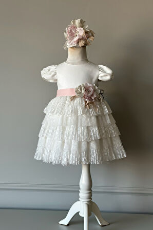 Özel Tasarım Kız Çocuk Abiye Elbise, Kat Kat Etekli, Çiçek Detaylı, Dantel Detaylı, Saç Aksesuarlı_M2459