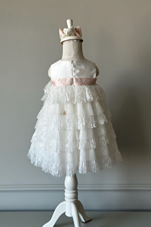 Özel Tasarım Kız Çocuk Abiye Elbise, Kat Kat Etekli, Fiyonk Detaylı, Dantel Detaylı, Saç Aksesuarlı_M2460