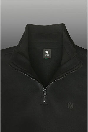 1/4 Fermuarlı Dik Yaka Sweatshirt |Şardonlu 3 İplik | Yaka Üzeri Şerit Detaylı